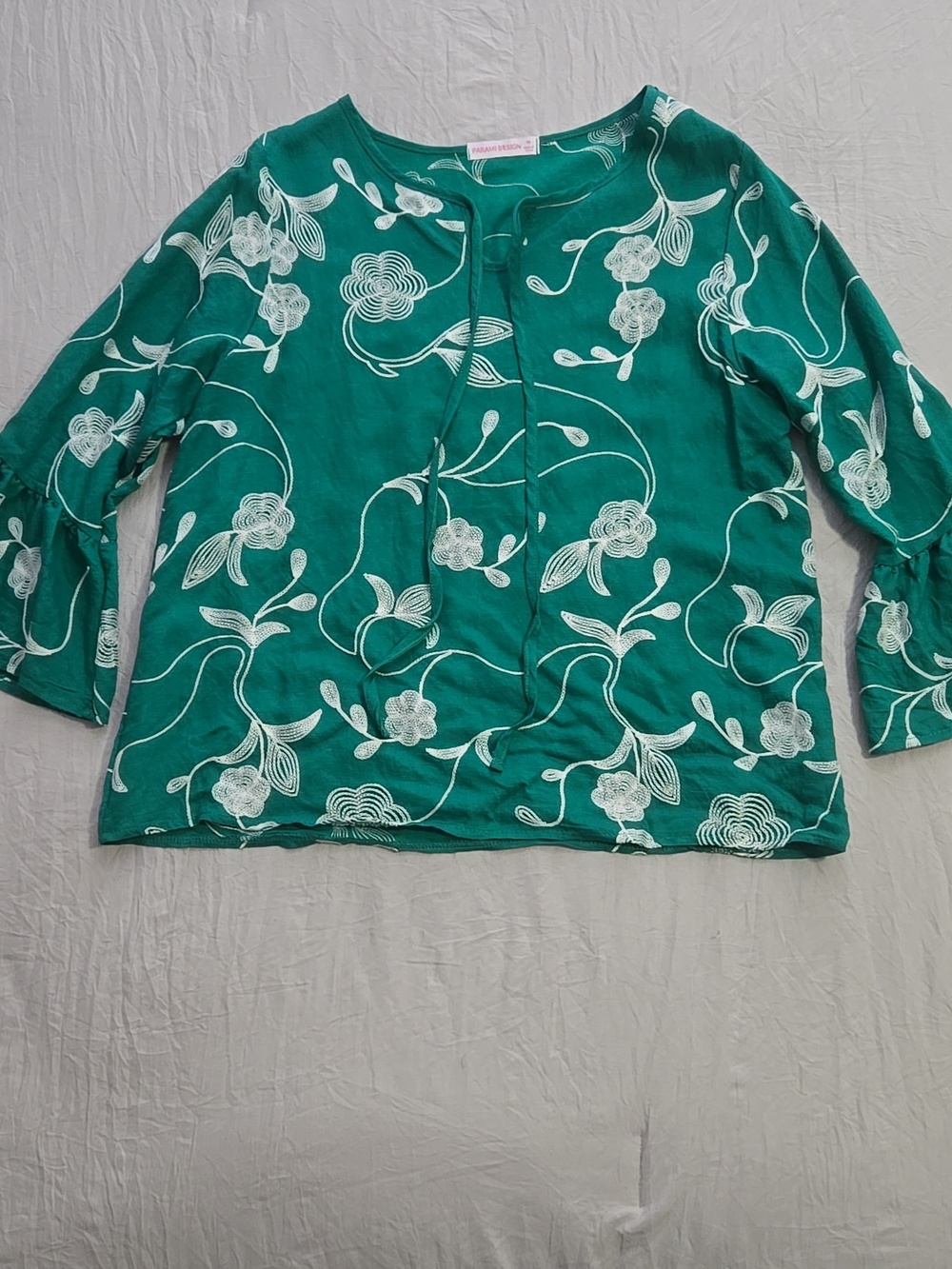 Embroidered Teal Green Floral Tunic Top